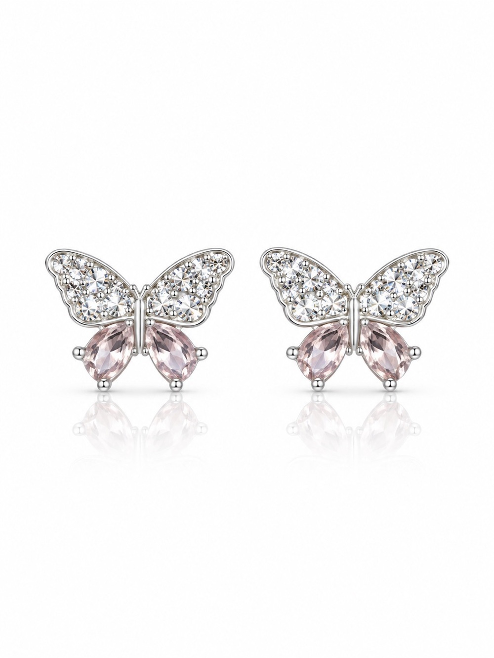 Silver Tone Butterfly Stud Earrings with Crystals